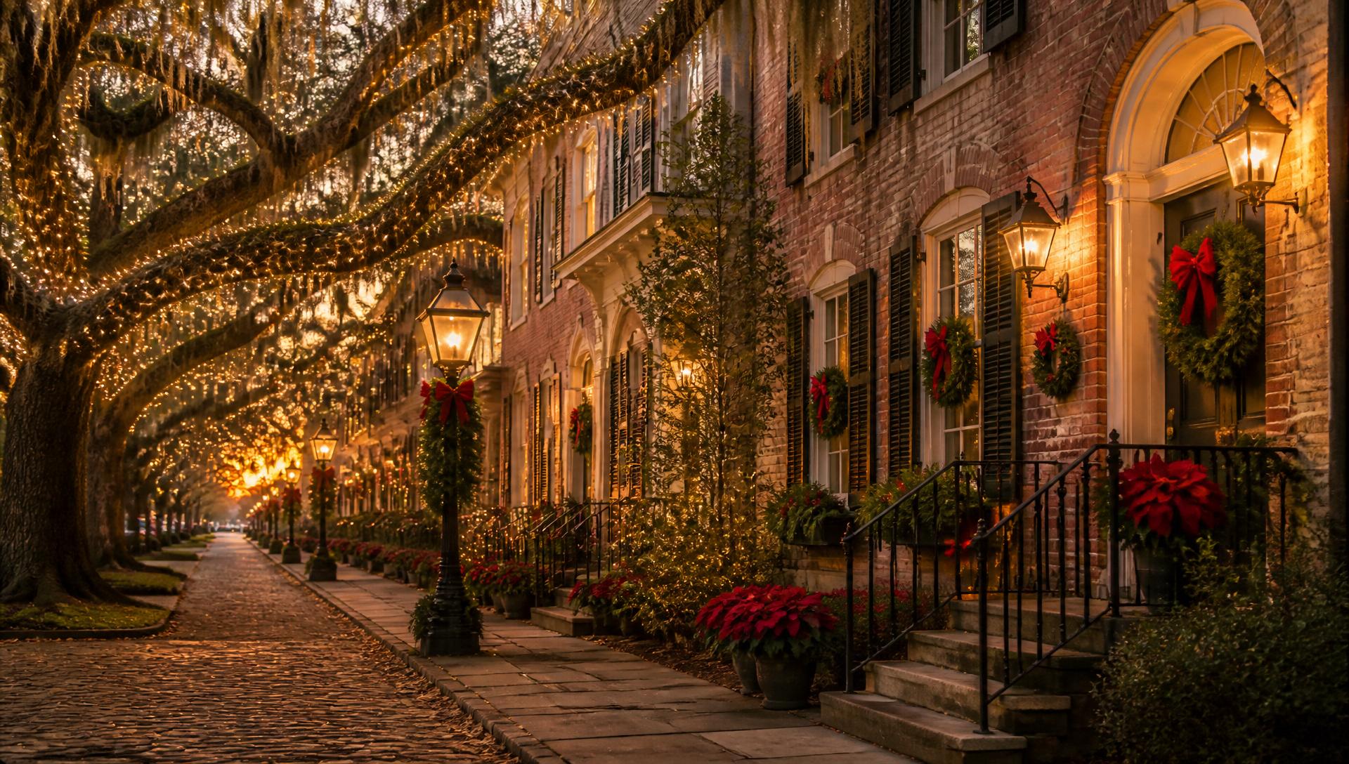 Savannah historic district at golden hour with Spanish moss draped over live oaks