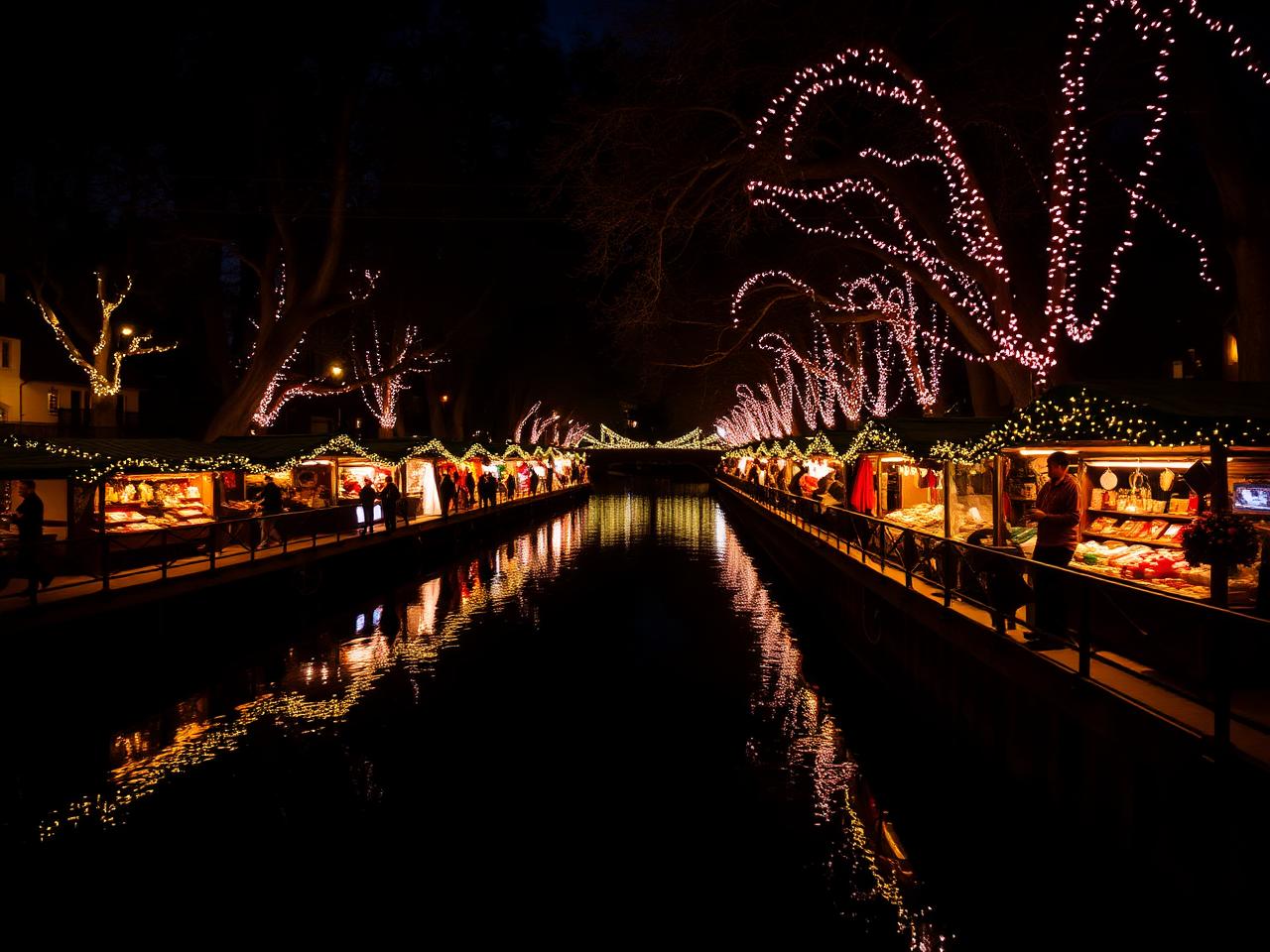 Plant Riverside Christmas Market with lights reflected in the Savannah River at night